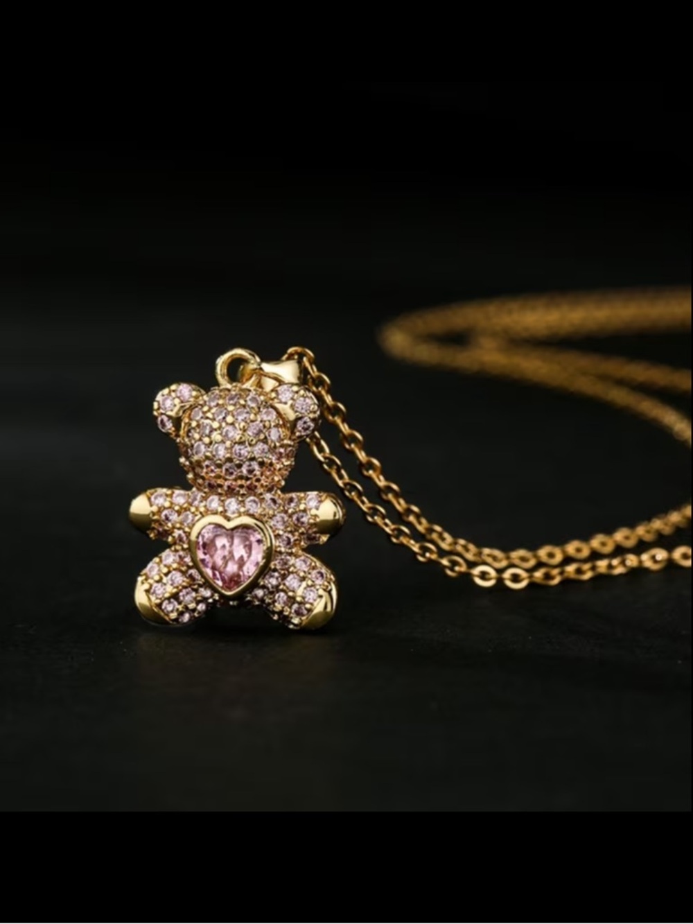 Teddy Bear Pendant Necklace with Pink Crystal Heart